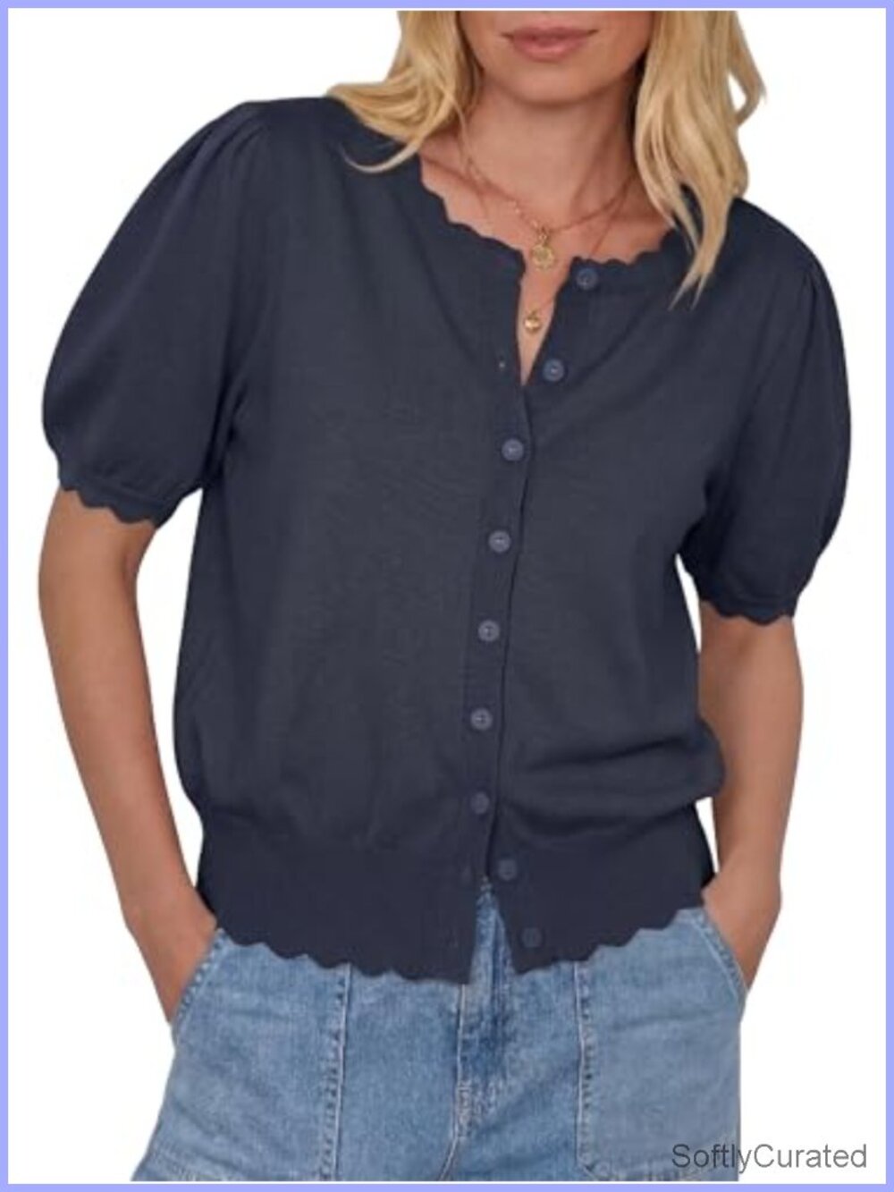 Short Sleeve Button Up Cardigan Scalloped Crewneck Puff Sleeve Knit